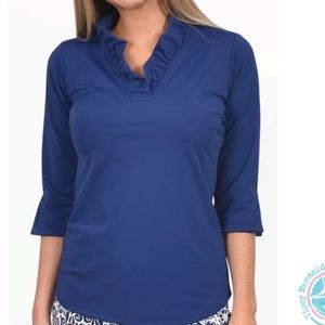 La Mer Luxe Navy Blue XS New Ruffle Neck 3/4 Sleeve Top Blouse Shirt Crew Draper